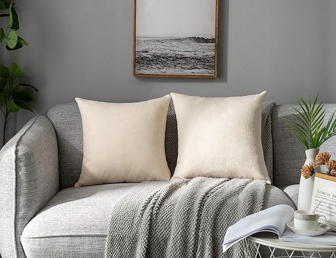Stellhome Pack of 2 Burlap Throw Pillow Covers Farmhouse Linen Cushion Covers Pillowcase, Home Decor Decorations for Sofa Couch Bed Chair 22x22 Inch/55x55 cm, Cream