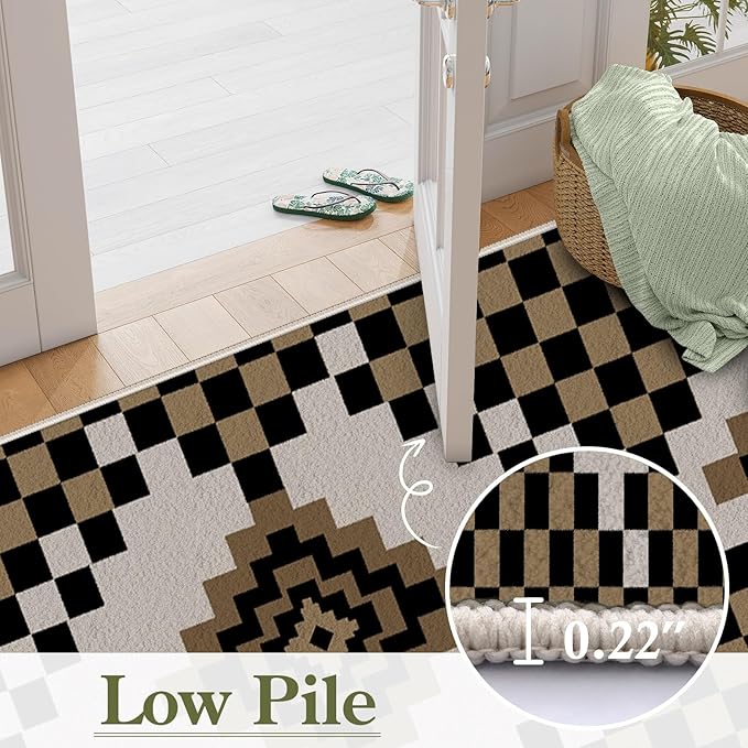 Retro Moroccan Farmhouse Decor Rug Runners for Hallways, 4x10ft, Black Linen Checkered Entryway Carpet, Rubber Backed Low Pile Easy Clean Carpets, Durable Reduce Noise Rugs for Floor