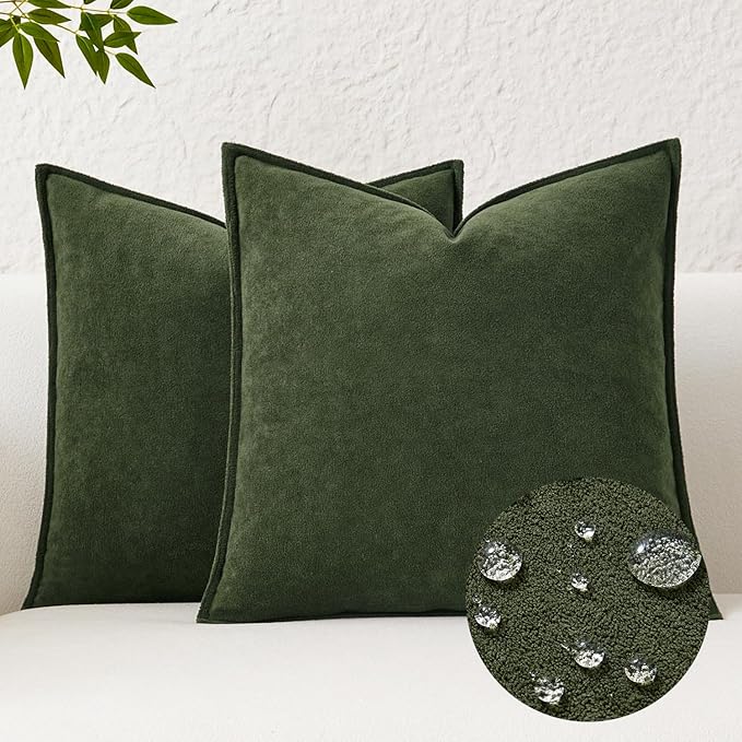 Kevin Textile Waterproof Decorative Pillow Covers Moss Green 22x22 Inch Pack of 2 Soft Boucle Textured Euro Pillowcases Elegant Accent Pillows for Couch Sofa Chair Bed Home Decor Indoor Outdoor