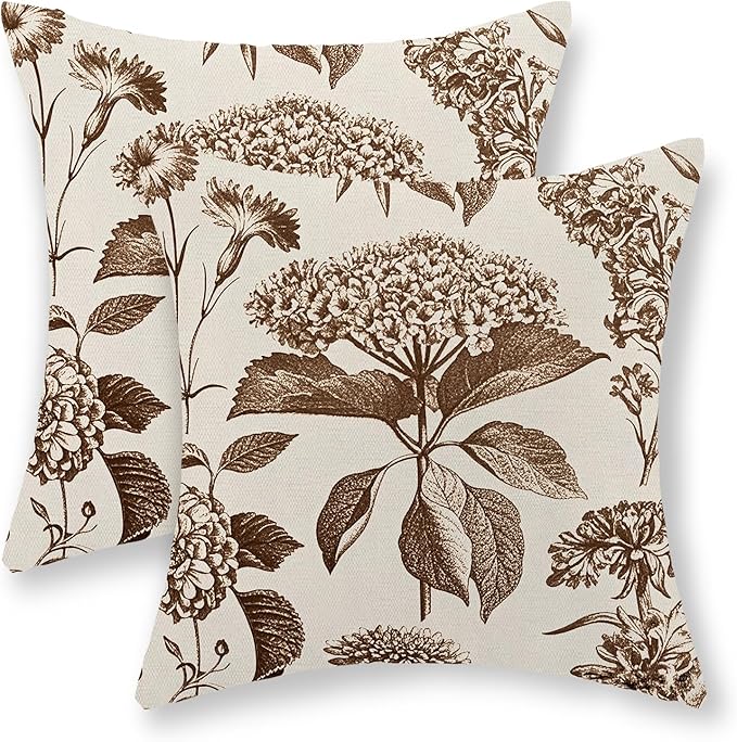 Brown Pillow Covers 20x20 Set of 2 Vintage Boho Floral Hydrangea Herbs Botanical Throw Pillow Cover Outdoor Flower Decorative Pillowcase Linen Farmhouse Cushion Case Decor for Couch Sofa