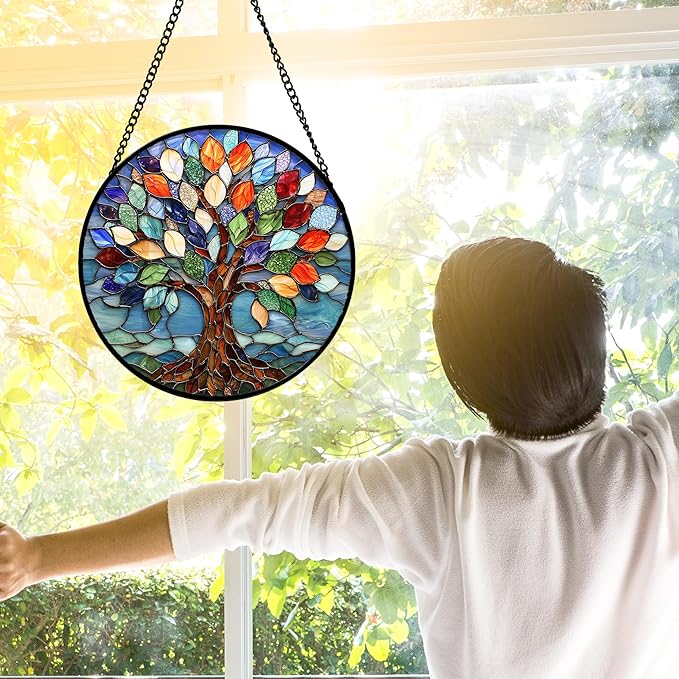 DASTOLL Stained Glass Window Hanging, Colorful Tree of Life Sun Catchers Glass Panel Blue Suncatcher Decor for Birthday for Women, Men, Wife, Aunt, and Mom 6.3 in