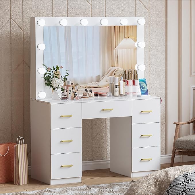 White Makeup Vanity Desk with Lighted Mirror & Power Outlet,3 Color Modes, Brightness Adjustable,Vanity Table with Drawer,Sliding 2 Storage Wall-Mounted Jewelry,4 Shelves for Bedroom