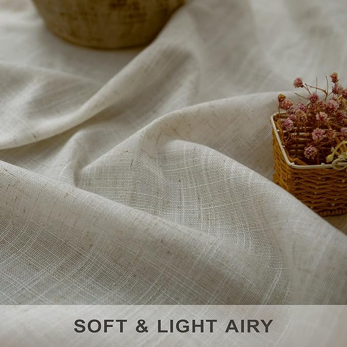 Flax Linen Curtains 84 Inch Length for Bedroom 2 Panels Back Tab Pocket Light Filtering Simple Canvas Cloth Look Semi Sheer Beige Curtains for Living Room Dining Burlap Sand Beach Decor 52x84 Long Tan