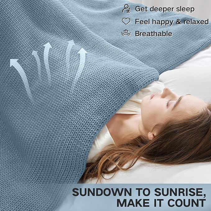Guohaoi Knitted Weighted Blanket for Adults (Haze Blue 48"x72" 12lbs) No Beads Cooling Throw Blanket for Hot Sleepers, Home Decor Breathable Chunky Knit Heavy Blanket Use on Full Size Bed