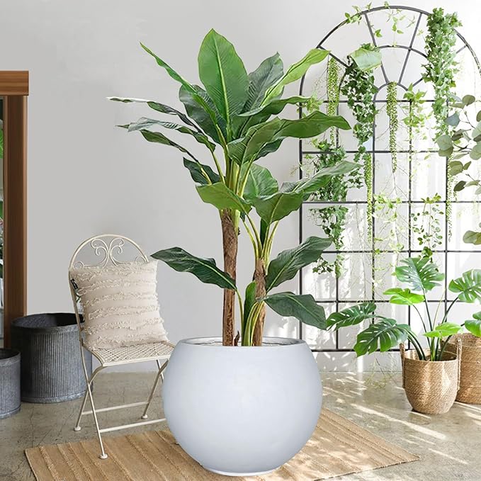 17 H x 21" Dia (15" Pot Opening) Round Fiberstone Planter with Drainage Hole, White, Indoor/Outdoor Large Plant Pot for Home Patio Garden, Ideal for Large Plants