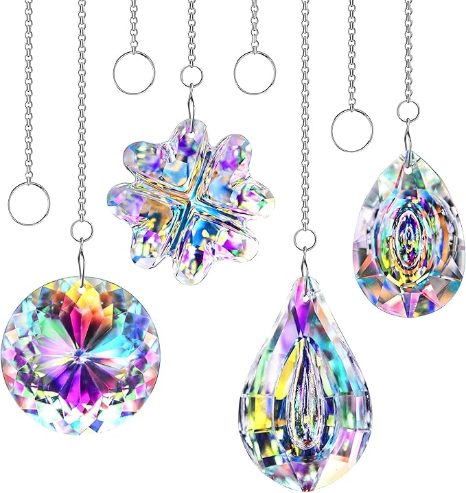 HDCRYSTALGIFTS 4pcs Crystal Suncatchers for Window Hanging Sun Catchers Indoor Rainbow Maker Crystals for Home Garden Decor Lamp Chandelier Lamp Prisms