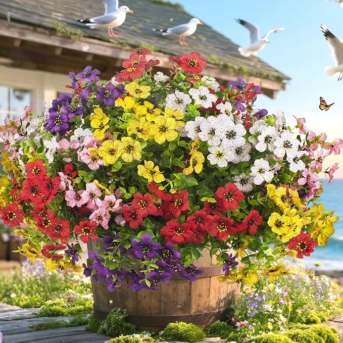 20 Bundles Artificial Flowers for Outdoors, UV Resistant Fake Plants Flowers Greenery Shrubs Plants for Decoration Outside Plants Hanging Planter Home Garden Decor