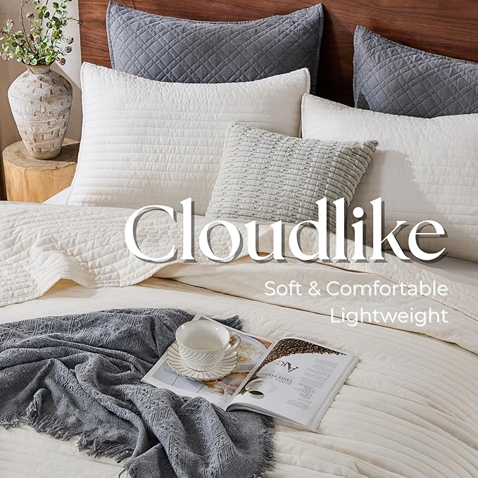DOWN HOME Twin Quilt Bedding Set with Sham, Vintage Washed Soft Quilted Blanket Thin Comforter Lightweight Bedspread Coverlet Bed Cover, Brushed Microfiber Stripe Stitching, Linen White, 66"x92"
