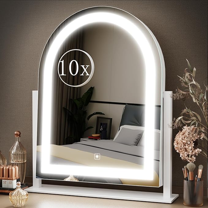 Lighted Makeup Mirror, Hollywood Vanity Mirror with Lights, Three Color Lighting Modes, and Detachable 10X Magnification Mirror, Smart Touch Control, 360°Rotation (15.2in White)