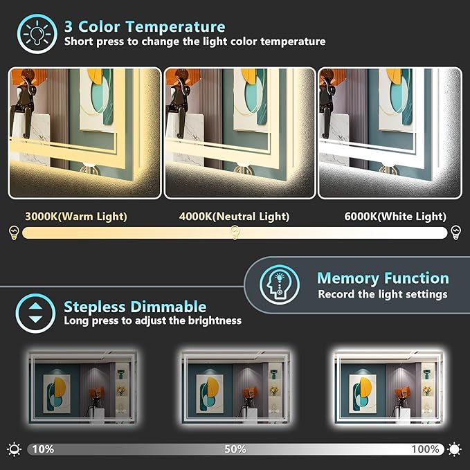48x28 LED Bathroom Mirror with Lights, Backlit + Front Lit, Anti-Fog Lighted Vanity Mirror for Bathroom Wall, 3 Colors, Dimmable, Memory, HD Tempered Glass, Shatter-Proof, CRI>90, ETL Listed