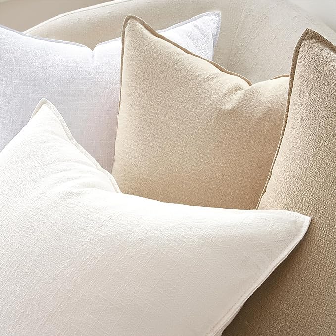 Natural Throw Pillow Covers with Press Edge Design Pack of 4 Solid Linen Decorative Pillow Covers Soft Accent Boho Pillowcases Modern for Couch Bed Living Room Balcony and Car 16x16 Inch