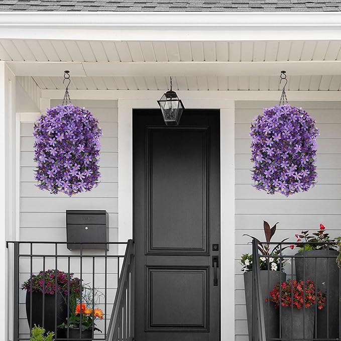 Artificial Flowers Plants for Outdoor with Basket, 4PCS Silk Hanging Faux Flowers Long Trailing Vines for Outside Home Porch Patio Decoration, Pink & Light Pink
