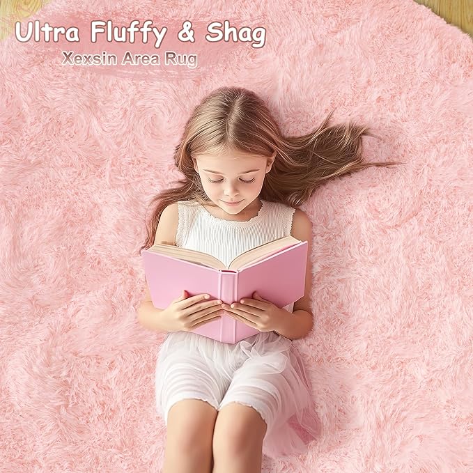 Round Fluffy Rugs 6Ft for Girls Bedroom, Pink Shag Circle Kids Rug Non-Slip for Bedside Dorm Nursery Playroom, Soft Cute Area Rugs for Living Room Decor