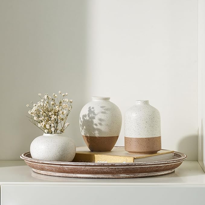 Ceramic Vase Set of 3, Vases Home Decor Rustic Farmhouse Decor, Small Pottery Vases for Bouquet Pampas Grass Dried Fresh Flowers, Living Room, Kitchen, Bedroom, Bathroom, Mantel Decor - Beige&Brown