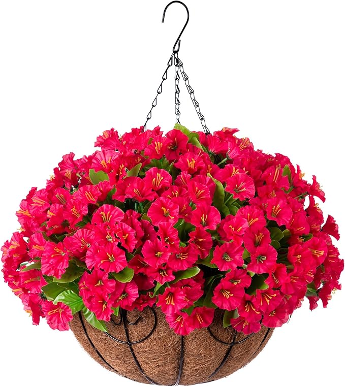 Artificial Hanging Flower Plants with Basket for Outdoor Decoration, Faux Petunias Flowers Fake Morning Glory Planter for Outside Patio Garden Porch Balcony Yard Decor(Rose Red)