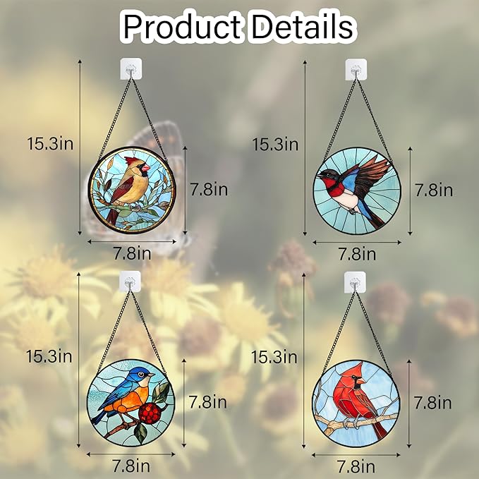 Stained Glass Window Hanging 4 Pcs Set Cardinal Blue Birds 7.8" - Suncatcher Door Garden Sun Catcher Decor Birthday Mother's Day for Bird Lovers Men Woman Nana Friend