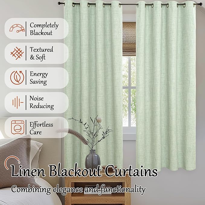 Lajode Sage Green Blackout Curtains for Bedroom - Linen Curtains 63 Inch Length Thermal Insulated Privacy Burlap Boho Window Drapes for Living Room Scandi Farmhouse Dining, 2 Panels, Each 52" Wide