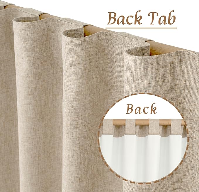 LAMIT 100% Blackout Natural Linen Curtains, 63 Inches Linen Textured Thermal Bedroom Curtains Back Tab and Rod Pocket Neutral Panels with White Liner for Farmhouse, 2 Panels, 52 x 63 Inch