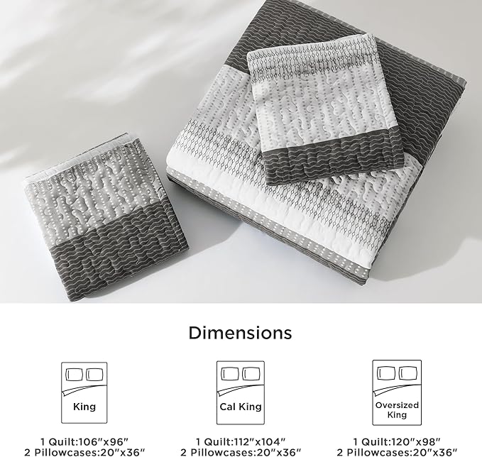 Litanika Oversized King Quilt Set Dark Grey, 120x98 Stripe Bedspread Coverlet 3 Pieces, Dark Grey Lightweight Quilted Bedding Set for All Season(Oversized King-1 Quilt, 2 Pillowcases)