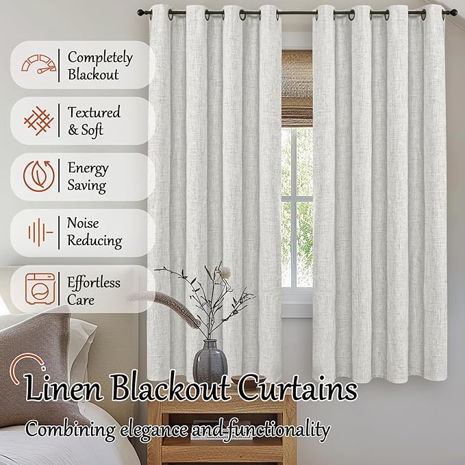 Lajode 100% Blackout Curtains for Bedroom 63 Inch Length 2 Panels, Thermal Insulated Complete Light Blocking Noise Reducing Linen Window Curtains for Nursery, Bronze Grommet, Each 52" Wide, Light Grey