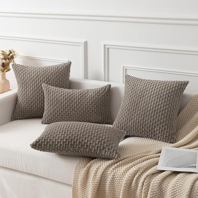 Kevin Textile Pack of 2 Corduroy Decorative Throw Pillow Covers 18x18 Inch Soft Boho Striped Pillow Covers Modern Farmhouse Home Decor for Spring Sofa Living Room Couch Bed Light Brown