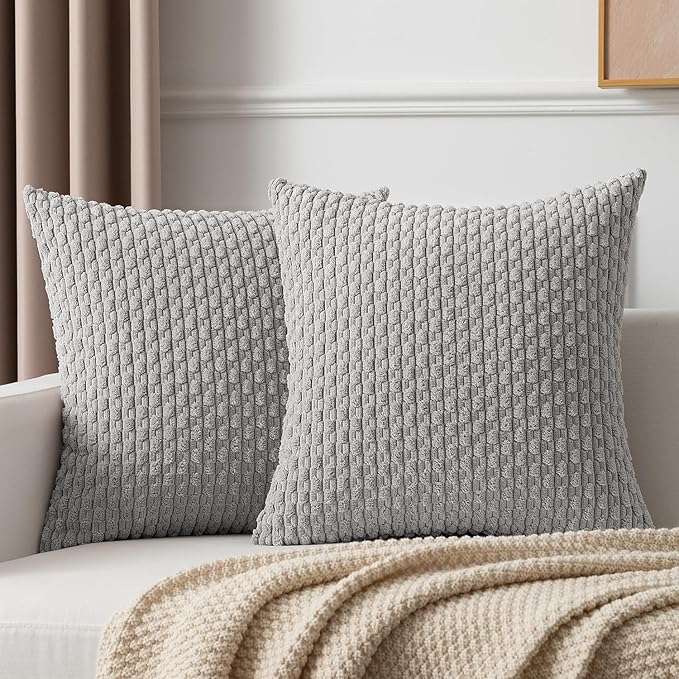 Kevin Textile Set of 2 Super Soft Striped Corduroy Velvet Decorative Euro Throw Pillow Sham Cushion Cover for Bed 20x20 Inch(50cm) Light Grey