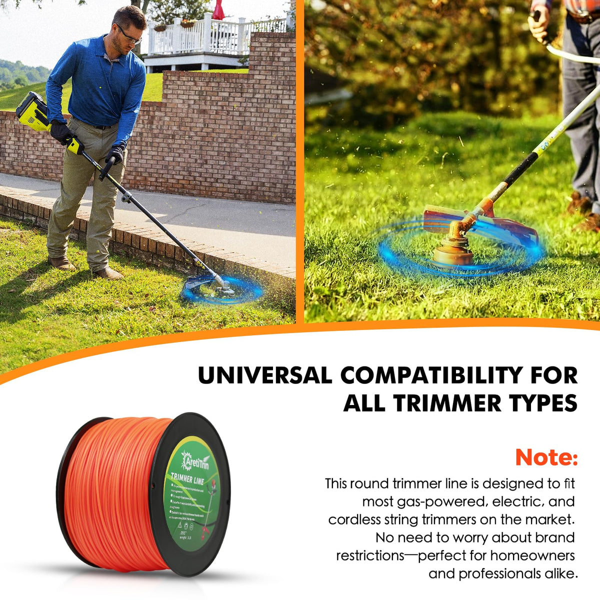 AretiTrin 095 String Trimmer Line,Round Orange Heavy Duty Weed Eater String, Premium Nylon Universal 0.095" Diameter x 3LB -837ft for Lawn Edging & Thick Weeds