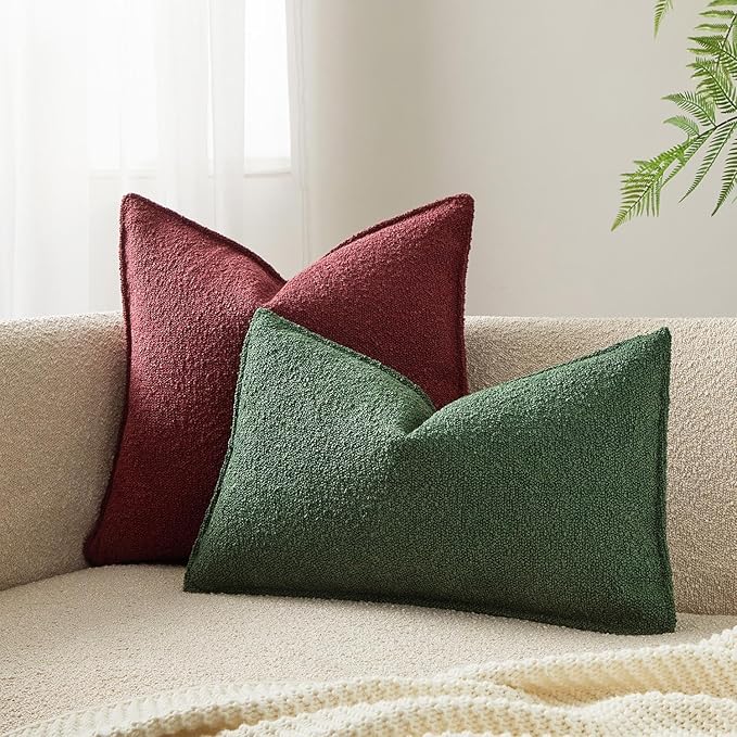 JUSPURBET Green Decorative Pillow Covers 14x24 Set of 2 Throw Pillow Covers for Couch Sofa Bed Cozy Boucle Textured Lumbar Cushion Covers Cases with Hidden Zipper for Living Room Home Decor