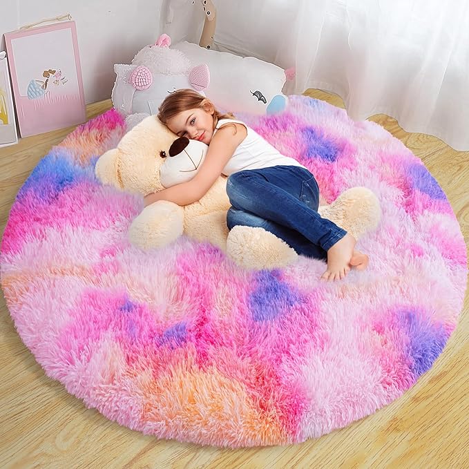 Round Fluffy Rugs 5Ft for Girls Bedroom, Dark Rainbow Shag Circle Kids Rug Non-Slip for Bedside Dorm Nursery Playroom, Soft Cute Area Rugs for Living Room Decor