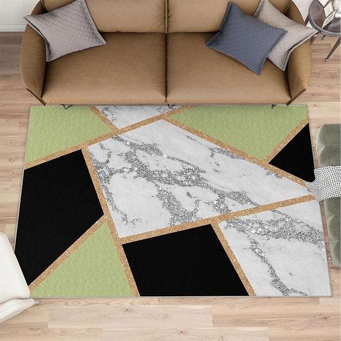 Black Gold Marble Carpet Geometric Marble Rugs for Bedroom Light Luxury Geometric Line Rug Modern Minimalist Indoor Carpet for Living Room Home Decor 2x3ft