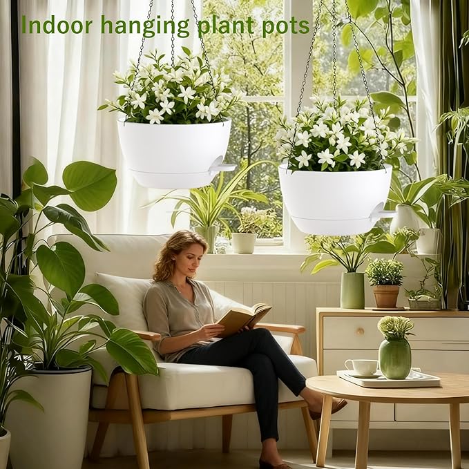 2 Pack Hanging Planters for Indoor Outdoor Plants, 12Inch Self Watering Hanging Pot with Drainage Holes and Saucer, Plastic Plant Pots, White Flower Pots for Kitchen, Balcony, Garden