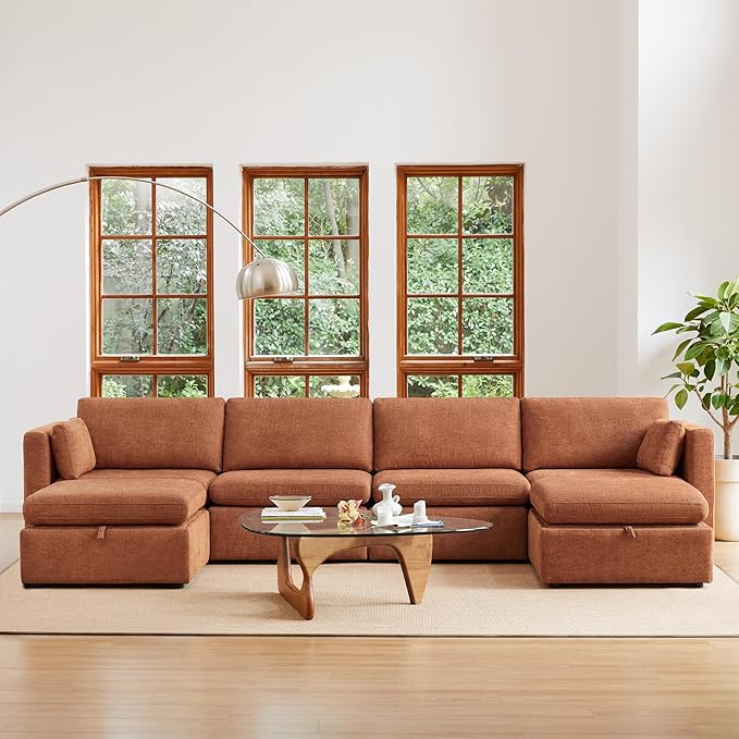 CHITA Terracotta 6-Seat U-Shaped Modular Sofa Set, Extra Large Sectional Couch with Reversible Chaise, 146 inch Width, Sofa with Storage Ottomans