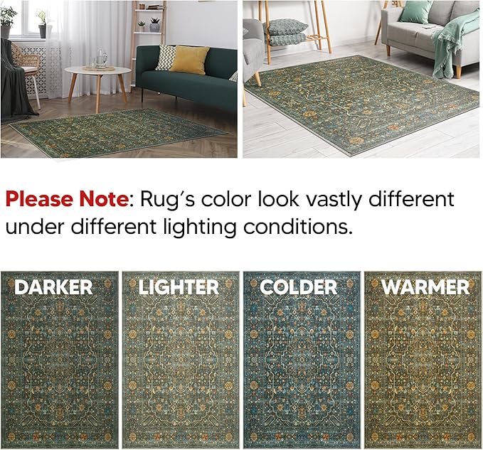 Keen Home Design 5x7 Rug - Machine Washable Area Rug with Non-Slip Backing, Ideal for Living Room, Dining Room, Bedroom - Vintage, Easy Clean, Durable, Low Pile Rug - (5' x 7')