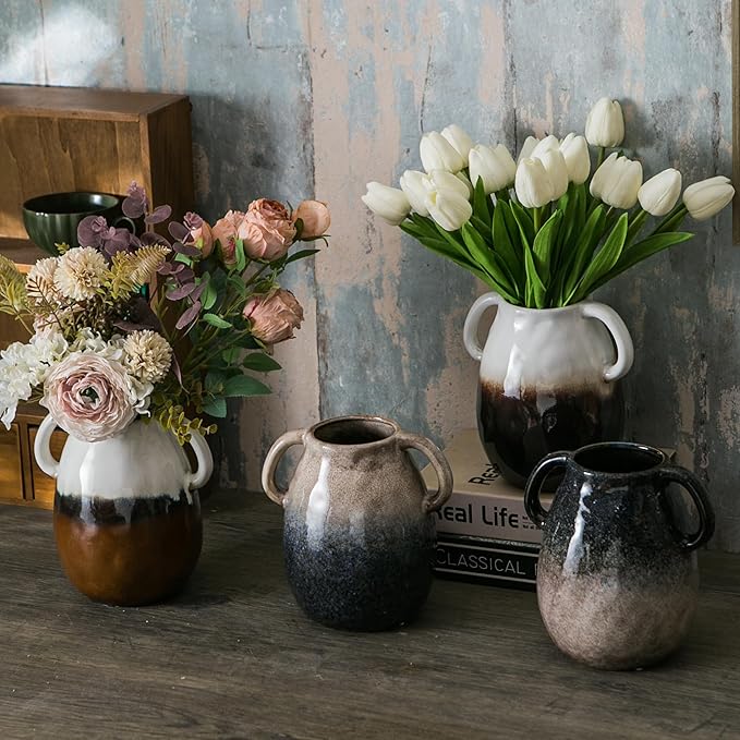 Blue Gradient Ceramic Vase with 2 Handles, Modern Farmhouse Decor, Rustic Terracotta Pottery, Decorative Clay Flower Vase, Centerpiece for Dining Table - 7 Inch