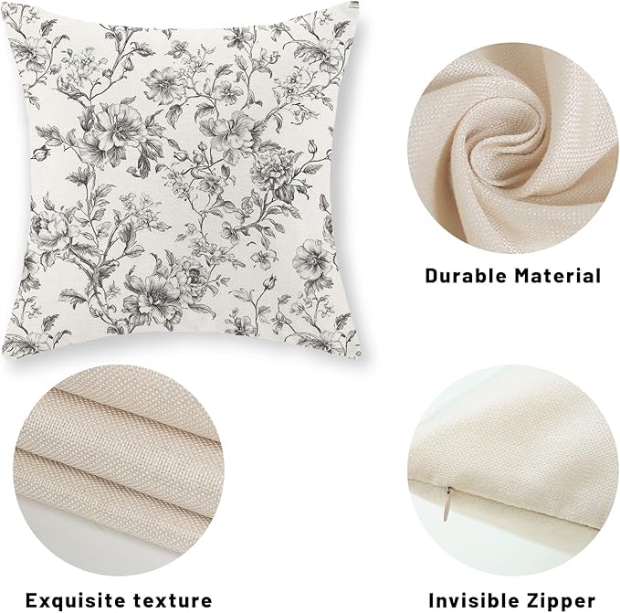 Black and Cream Pillow Covers 18x18 Set of 2 Vintage Floral Chinoiserie Throw Pillows Rustic Toile Flower Decorative Pillow Cases Outdoor Chinoiserie Decor Linen Cushion Case for Couch Sofa