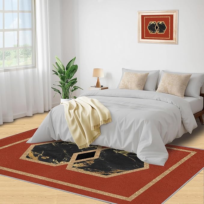 Abstract Marble Area Rugs Golden Hexagon Geometric Rug Vintage Red Marble Carpet European Medieval Geometry Carpet Mat for Bedroom Living Room 7x10ft