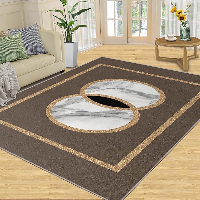 Brown Marble Bedroom Rug Vintage Mid-Century Geometric Rug Marble Pattern Decor Rugs Circle Rectangle Gilded Geometry Floor Mat Elegant Decor for Living Room 8x10ft