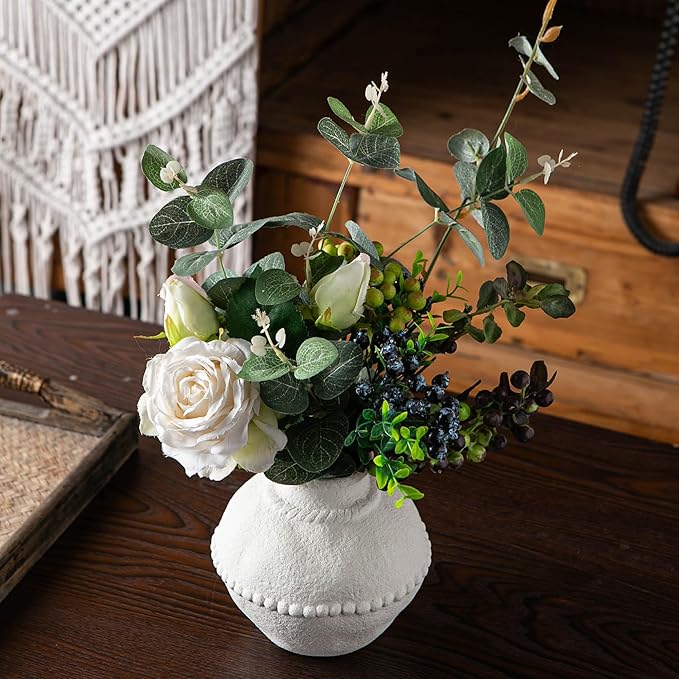 Rustic Ceramic Vase with Boho Wooden Beads, Matte Decorative Pottery for Modern Farmhouse and Bohemian Decor, Floral Arrangements, Bedroom, Shelf, or Side Table Accents