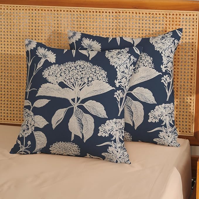 Blue Pillow Covers 20x20 Set of 2 Boho White Floral Throw Pillows Hydrangea Herbs Botanical Decoration Pillowcase Linen Farmhouse Vintage Flower Cushion Case Outdoor Decorative for Couch Sofa