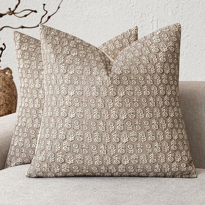 Foindtower Set of 2 Decorative Vintage Floral Print Throw Pillow Covers Neutral Modern Farmhouse Cushion Covers Boho Home Decor for Sofa Couch Chair Bedroom Living Room,22×22 Inch,Tan Taupe