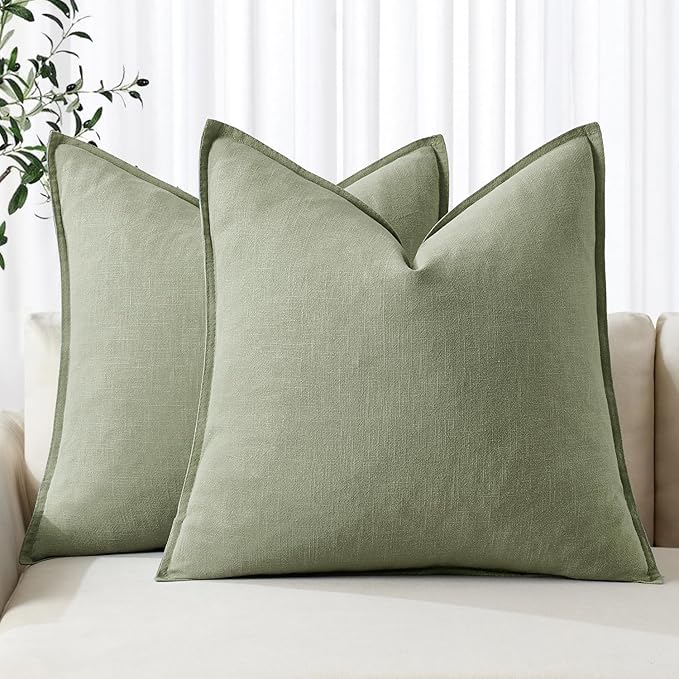 MIULEE Decorative Linen Pillow Covers 18x18 Inch Sage Green Boho Farmhouse Neutral Spring Couch Throw Pillows for Bed Pack of 2 Accent Modern Pillowcase Summer Sofa Livingroom Home Decor