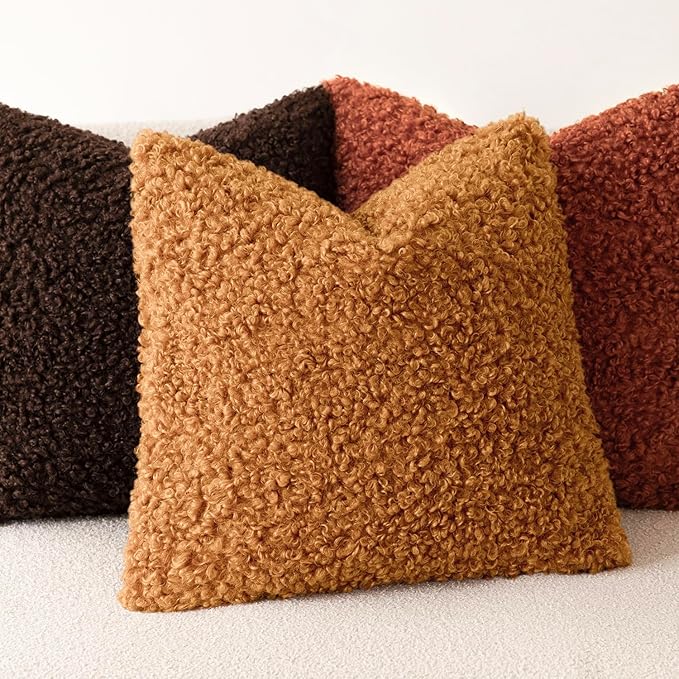 Foindtower Set of 2 Curly Teddy Wool Pillow Covers Decorative Boucle Textured Lumbar Throw Pillow Faux Fur Sherpa Pillowcases Sheepskin Fuzzy Cushion Case for Sofa Bedroom Car 12"x20" Orange
