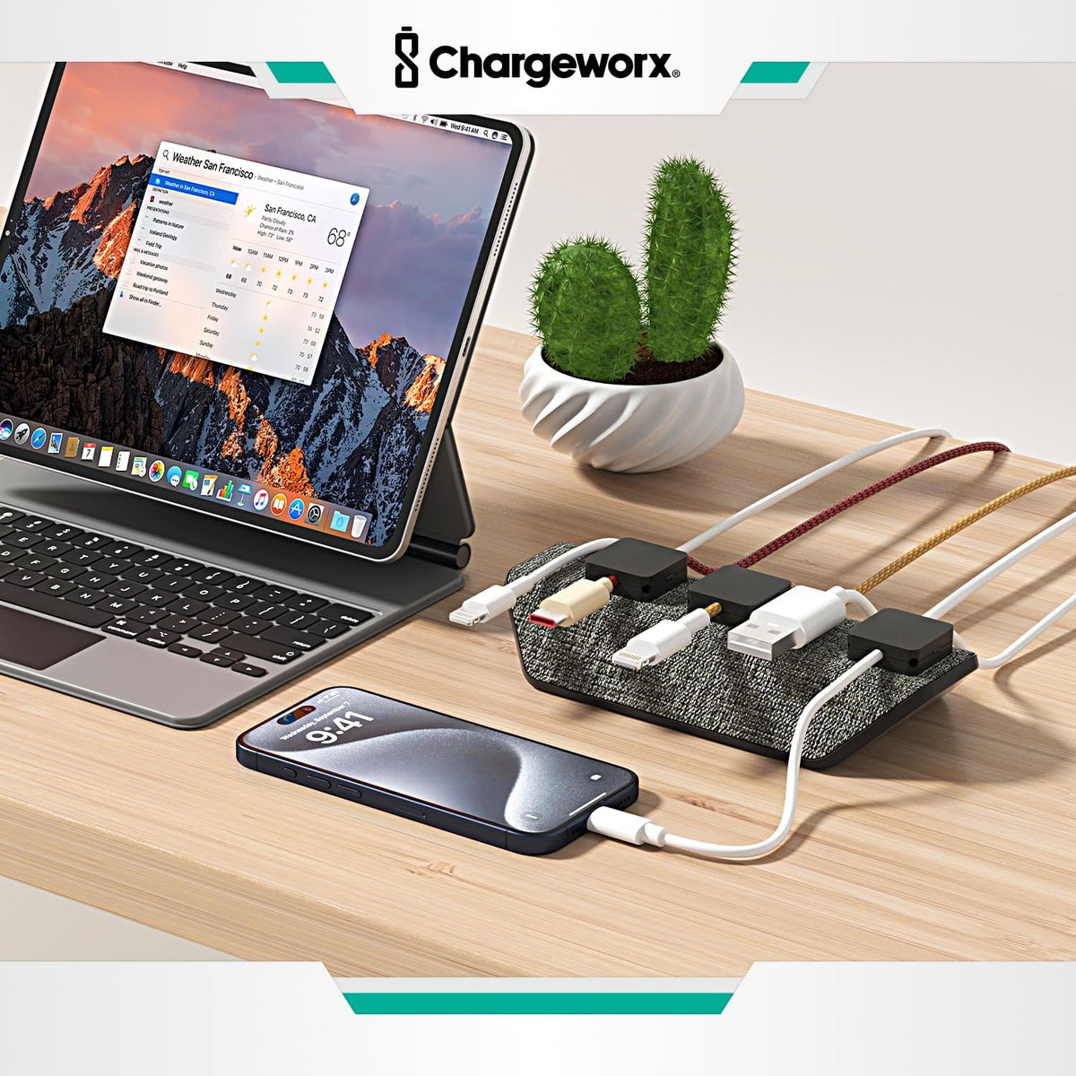 CHARGEWORX 3 Magnetic Cable Organizer Weighted Non-Adhesive Cord Holder with Magnetic Clips for USB-C, Lightning