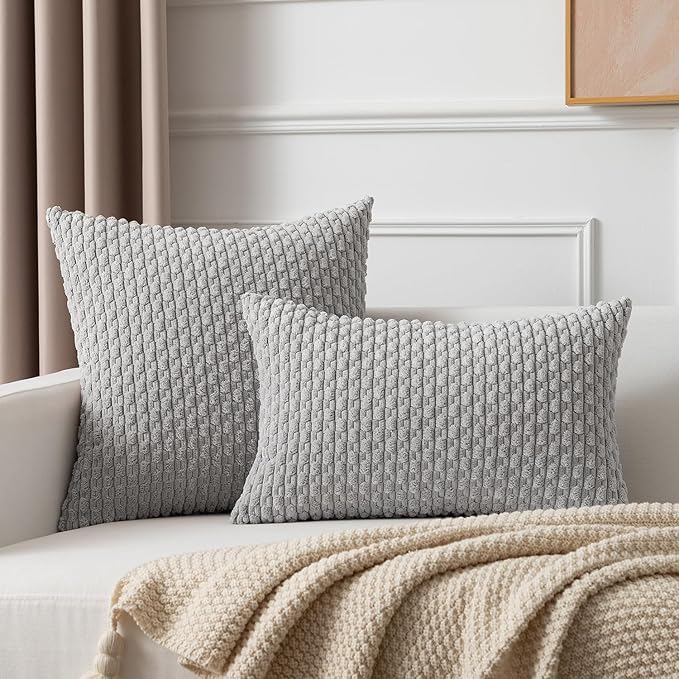 Kevin Textile Decor Solid Decorative Pillow Case Striped Jacquard Cushion Cover for Lumbar Light Grey 12x20 Inch (30x50cm) 2 Pieces