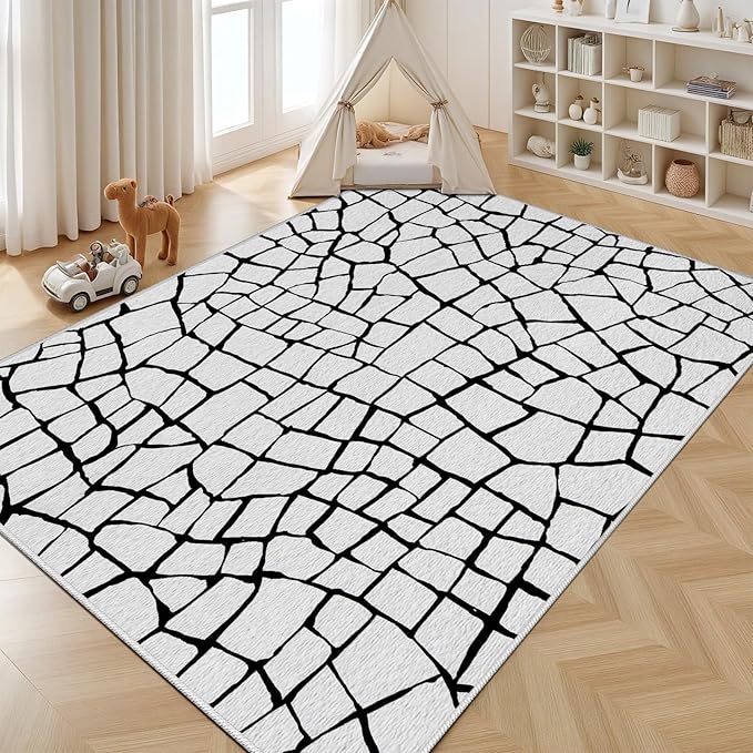 Black and White Area Rug, Abstract Rug, Contemporary Minimalist Rugs, Geometric Cracks Area Rugs, Modern Geometric Carpet for Living Room, Washable Non Slip Home Decor Mat 3x4