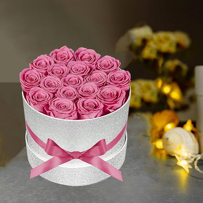 17 Pink Flowers in Glitter Box, Birthday Gifts for Women, Preserved Flowers, Mothers Day Roses Gift for Mom