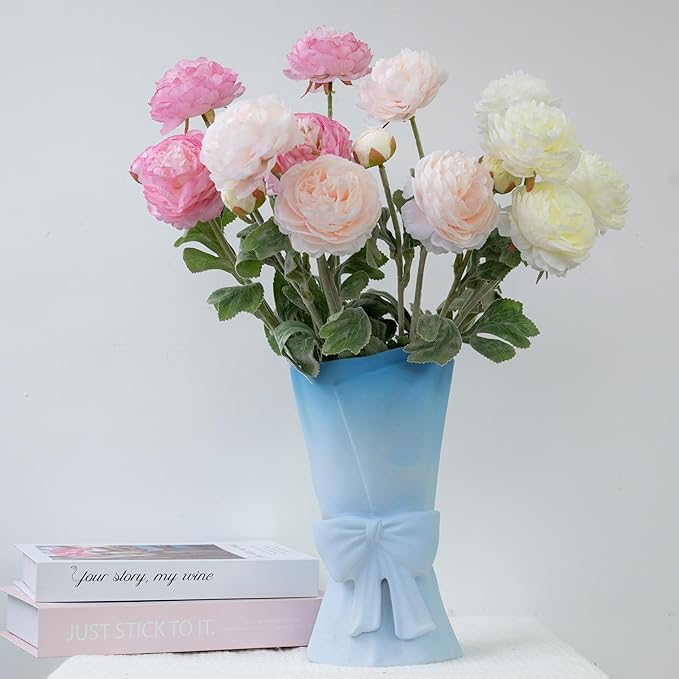 Gradient Blue White Ceramic Bow Vase 9.64 in Unique Cute Modern Decorative Bouquet Flower Vases for Home Living Room Table Decor Women Girl Gifts
