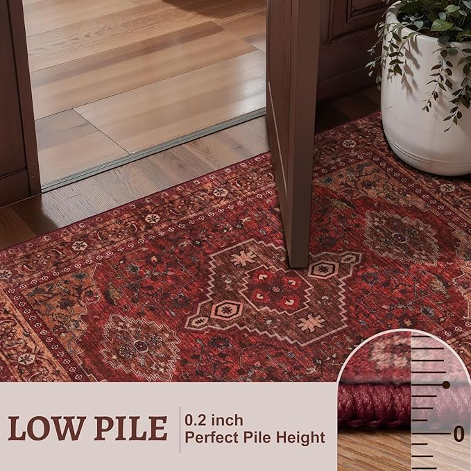 Tangsoo 5x7 Area Rug Washable Rug for Living Room, Vintage Indoor Non Slip Large Area Rugs, Print Distressed Carpet, Soft Low Pile Foldable Floor Rug for Bedroom Dining Room Dorm Dark Red
