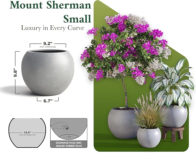 DTY Signature Mount Sherman Modern Indoor Outdoor Fiberstone Sphere Planter, Durable Round Garden Pot, Weather Resistant, Drainage Hole & Rubber Plug - Small, Gray