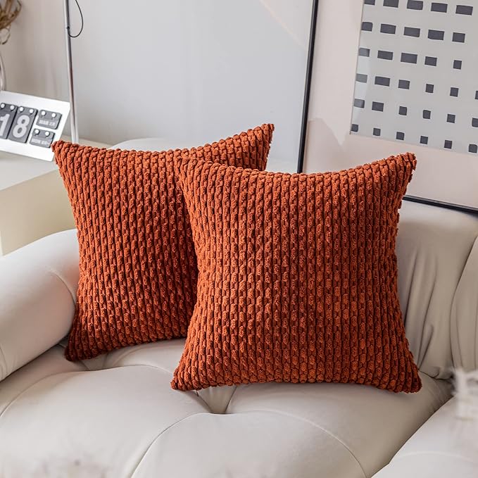 Kevin Textile Fall Corduroy Striped Soft Soild Decorative Square Throw Pillow Covers Set Autumn Cushion Cases Pillowcases for Sofa Bedroom 2 Pcs 16x16 Inch Burnt Brick